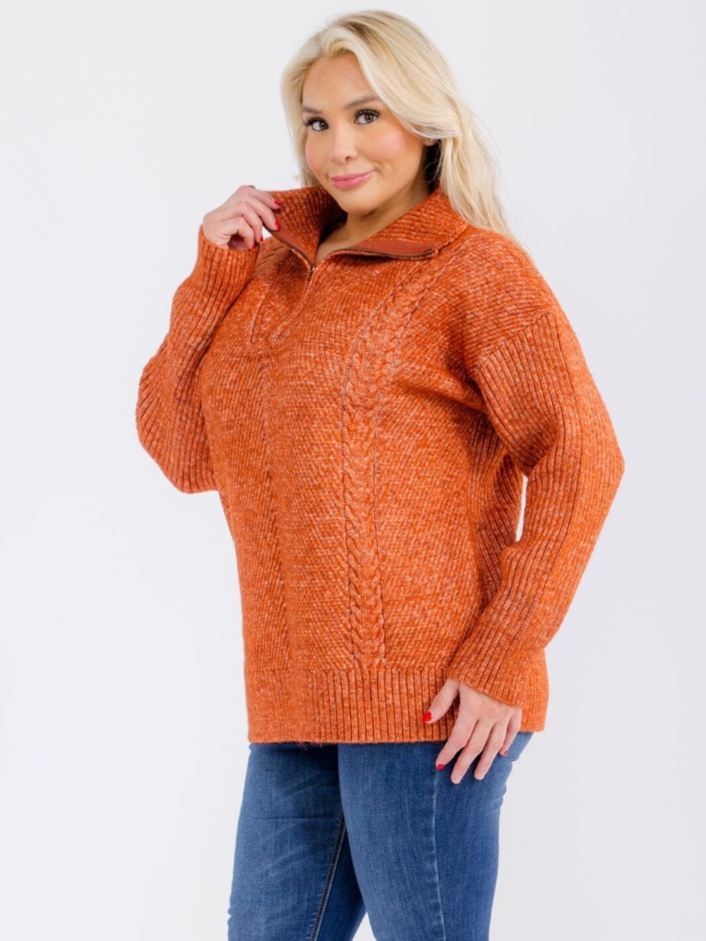 "SKIES ARE BLUE" PLUS SIZE LONG SLEEVE ZIP UP PULLOVER SWEATER - Picture 3 of 10